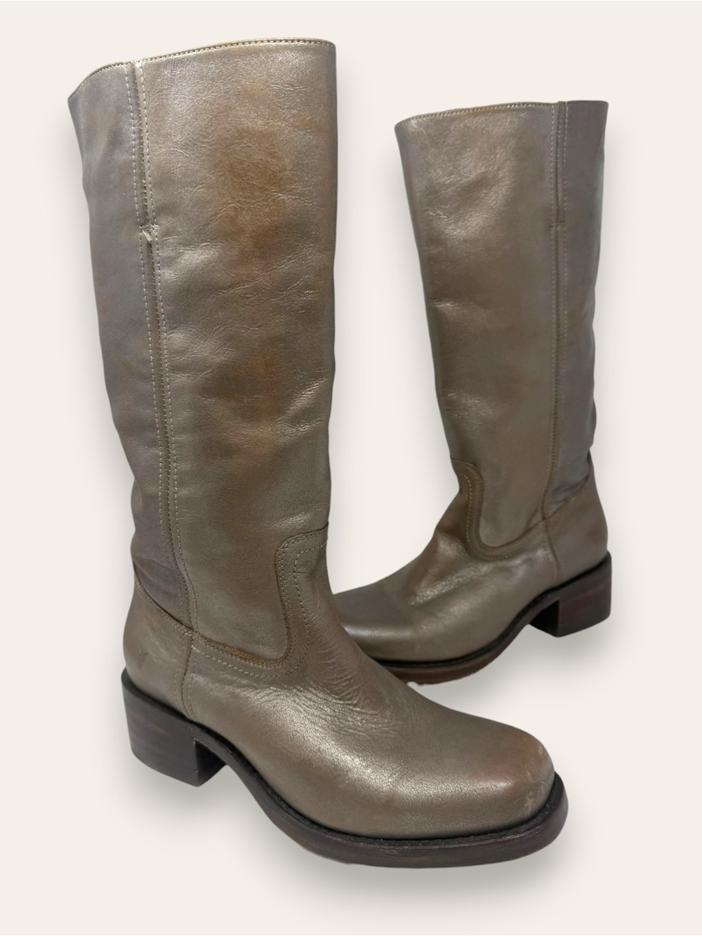 FRYE Campus 14L Leather Riding Boots Stacked Heel Metallic Stone 9.5 Women’s